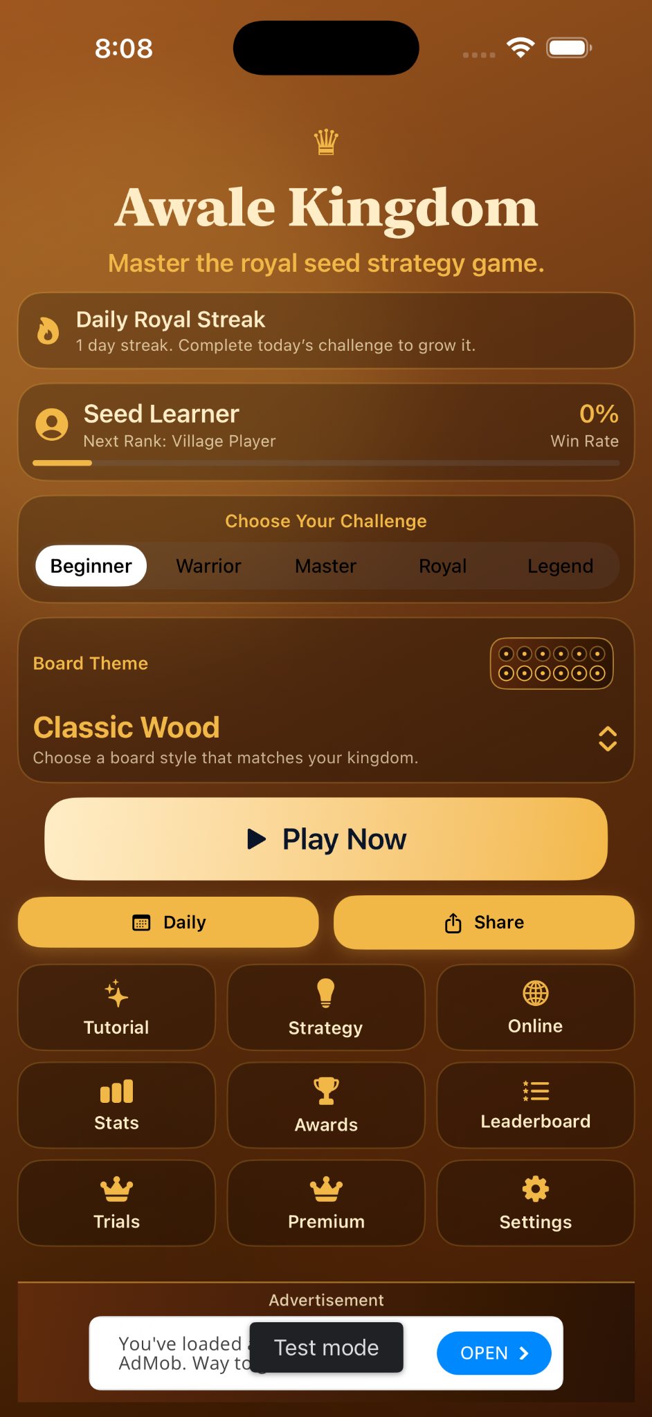 Awale Kingdom home screen